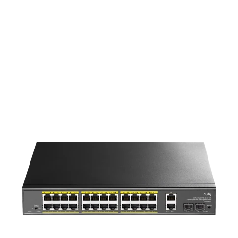 Коммутатор/ 24-10/100/1000 BASE-T Gigabit ports, 2-Port 10/100/1000 BASE-T Gigabit Uplink ports, 2-1000 BASE-X SFP Slot, 24-port IEEE 802.3at PoE+ Injector, 300 watts total Power budget, Supports PoE power up to 30W for each PoE port, Extend Mode (Transmi фото 1