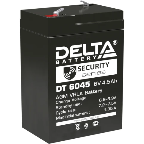 Батарея DELTA серия DT, DT 6045, напряжение 6В, емкость 4.5Ач (разряд 20 часов),  макс. ток разряда (5 сек.) 70А, макс. ток заряда 1.35А, свинцово-кислотная типа AGM, клеммы F1, ДxШxВ 70х47х100мм., вес 0.75кг., срок службы 5 лет./ Battery DELTA series DT, фото 1