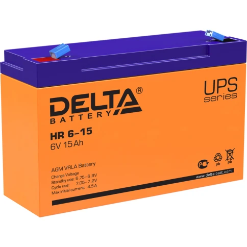Батарея DELTA серия HR, HR 6-15, напряжение 6В, емкость 15Ач (разряд 20 часов),  макс. ток разряда (5 сек.) 180А, макс. ток заряда 4.5А, свинцово-кислотная типа AGM, клеммы F1, ДxШxВ 151х50х94мм., вес 1.95кг., срок службы 8 лет./ Battery DELTA series HR, фото 1