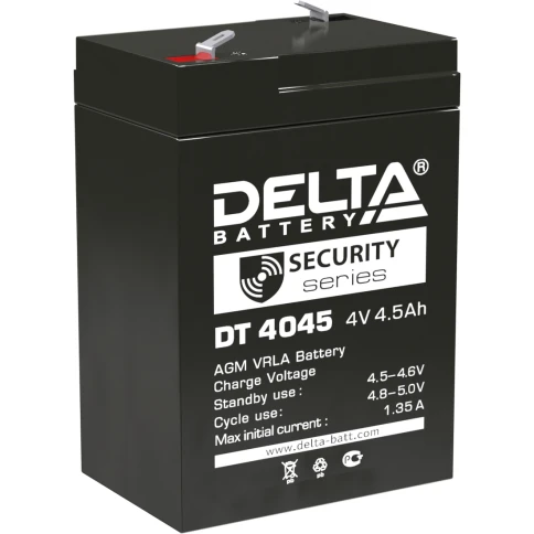 Батарея DELTA серия DT, DT 4045, напряжение 4В, емкость 4.5Ач (разряд 20 часов),  макс. ток разряда (5 сек.) 60А, макс. ток заряда 1.35А, свинцово-кислотная типа AGM, клеммы F1, ДxШxВ 70х47х101мм., вес 0.5кг., срок службы 5 лет./ Battery DELTA series DT, фото 1