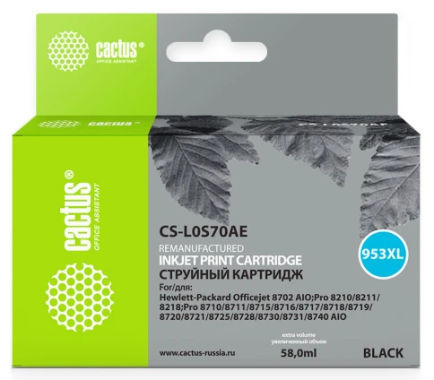 -/ Картридж струйный Cactus CS-L0S70AE №953XL черный (58мл) для HP OJ Pro 7740/8210/8218/8710/8715 фото 1