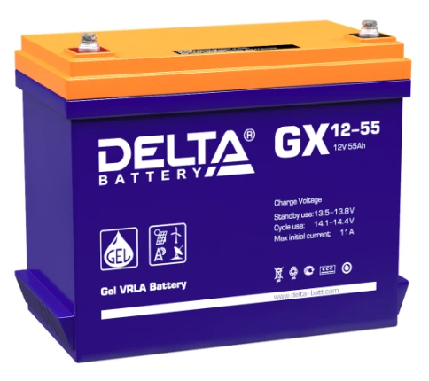 Батарея DELTA серия GX, GX 12-55, напряжение 12В, емкость 55Ач (разряд 20 часов),  макс. ток разряда (5 сек.) 550А, макс. ток заряда 10.9А, свинцово-кислотная типа GEL, клеммы под болт М6, ДxШxВ 239х132х205мм., вес 17.3кг., срок службы 15 лет./ Battery DE фото 1