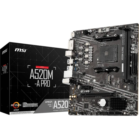 Материнская плата/ MB MSI AMD A520 sAM4, 2xDDR4(64GB), DVI-D/HDMI 2.1, 1xPCIe 3.0x16, 1xPCIe 3.0, 1xLAN, 4xSATA 6Gb/s, 1xM.2, 4xUSB 3.2, 2xUSB 2.0, 1xPS/2, mATX фото 1